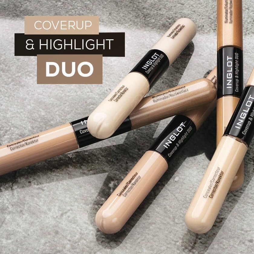 Cover unwanted imperfections and add a subtle glow on the go with irreplaceable INGLOT Coverup & Highlight Duo